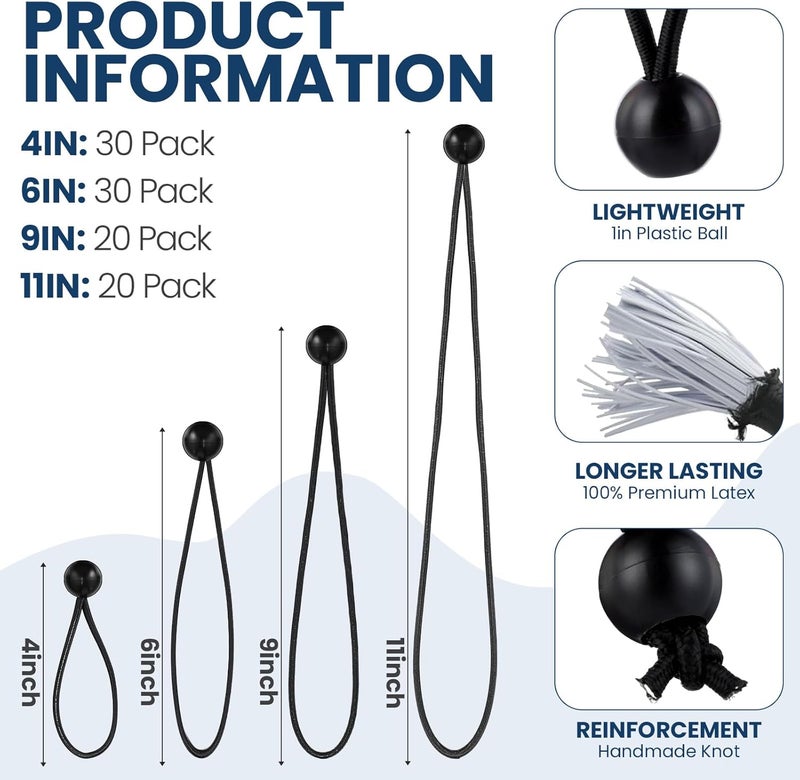 Wowangce 100 Pcs 4, 6, 9, 11 Inch Ball Bungee Cords Tarp Tie Downs Bungee Cords with Balls Heavy Duty Outdoor Tarp Straps for Canopy Shelter Camping Cargo Tent Poles UV Resistant (Black) - Image 2